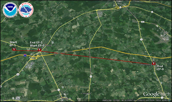 Map showing the approximate path of the Verona, NY tornado.  Click for a larger view.