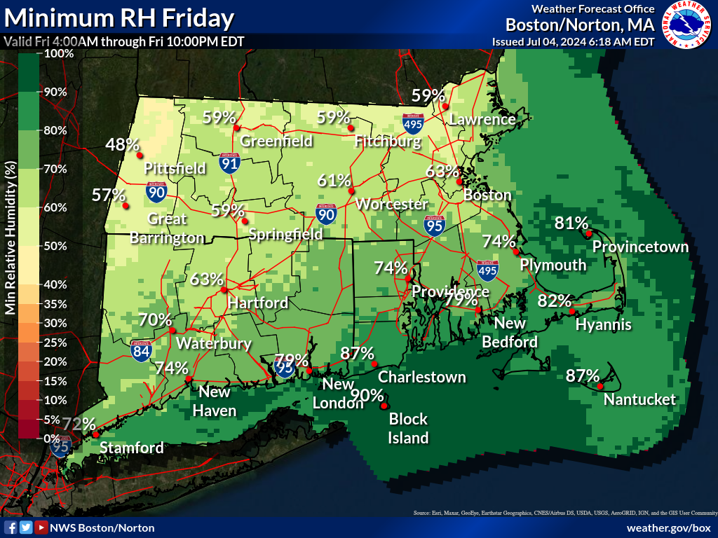Map displays the Southern New England Minimum RH Day 2.