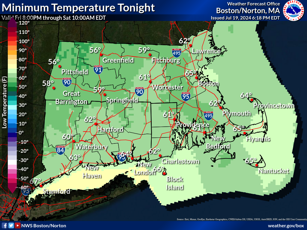 Map displays the Southern New England Minimum Temperature Day 1.