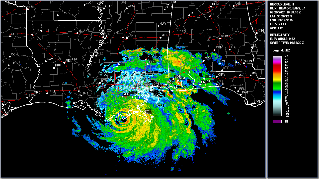 New Orleans, LA WSR-88D radar image of Hurricane Ida at 11:58 AM CDT on August 29, 2021.